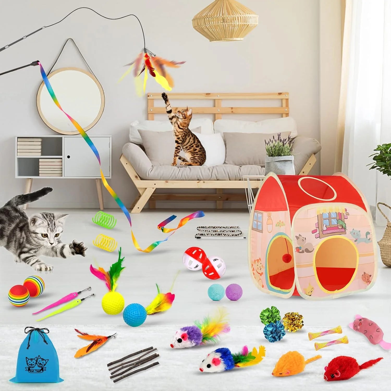 Cat Toys Kitten Toys Bundle 34PCS – Includes Collapsible Cat Tunnel, Catnip Toys, Wand & Feather Teasers