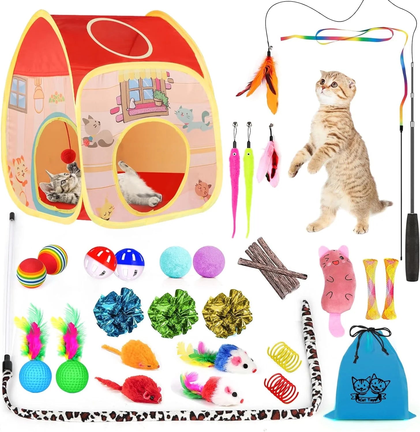 Cat Toys Kitten Toys Bundle 34PCS – Includes Collapsible Cat Tunnel, Catnip Toys, Wand & Feather Teasers