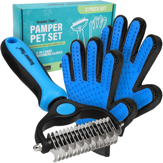 Pet Grooming Brush and 2X Grooming Gloves Combo